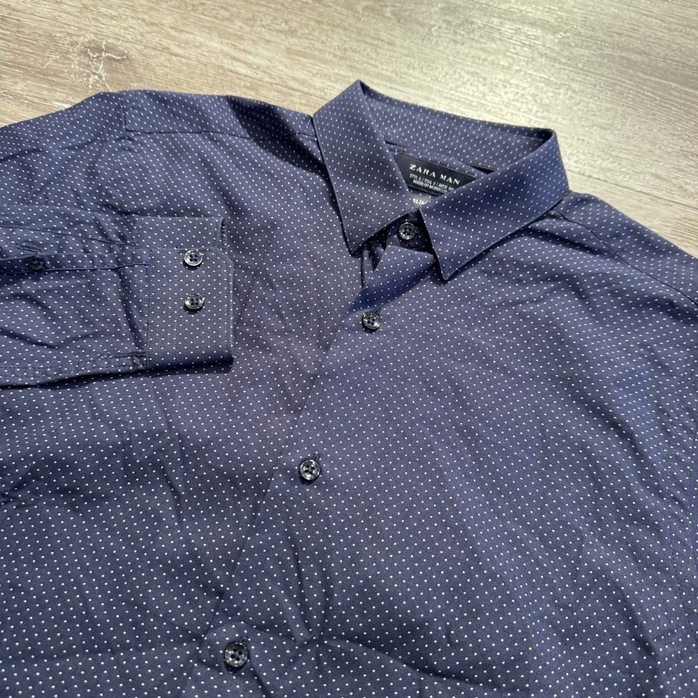Zara Man Shirt Mens Small Blue Polka Dot Cotton Slim Business‎ Casual Minimalist